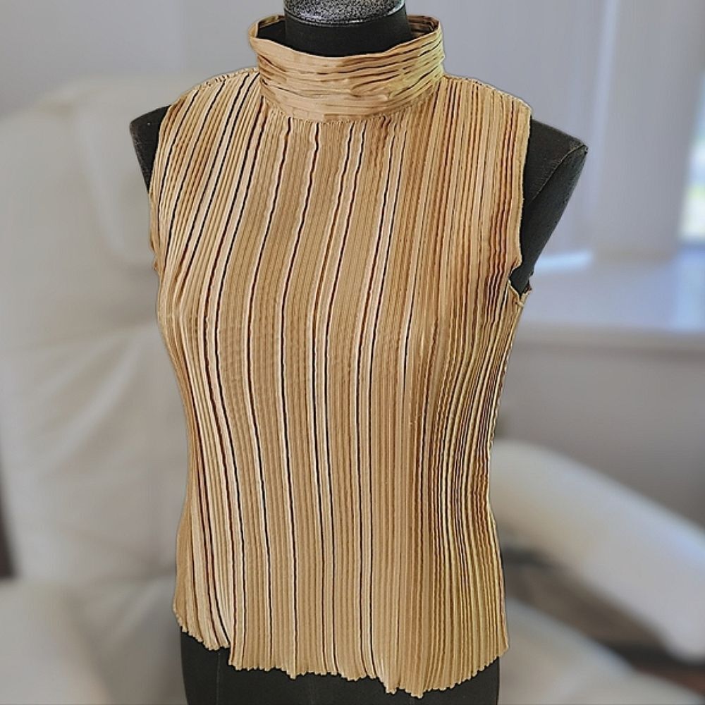 NICOLA pleated gold sleeveless turtleneck blouse